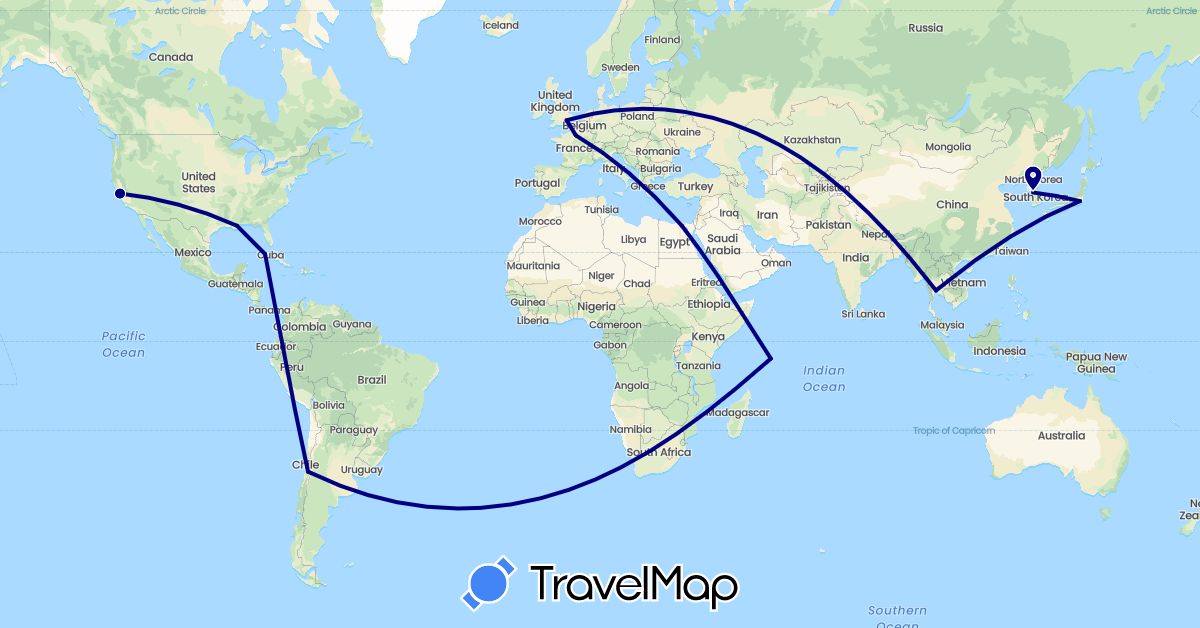 TravelMap itinerary: driving in Chile, Cuba, Egypt, France, United Kingdom, Japan, South Korea, Seychelles, Thailand, United States (Africa, Asia, Europe, North America, South America)